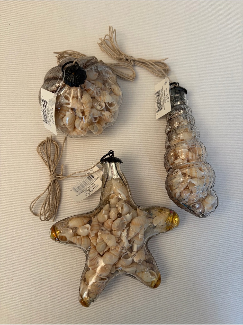 BUNDLE OF 3 VINTAGE MUD PIE SHELL FILLED GLASS ORNAMENT ANTIQUE BEACH THEME NWT